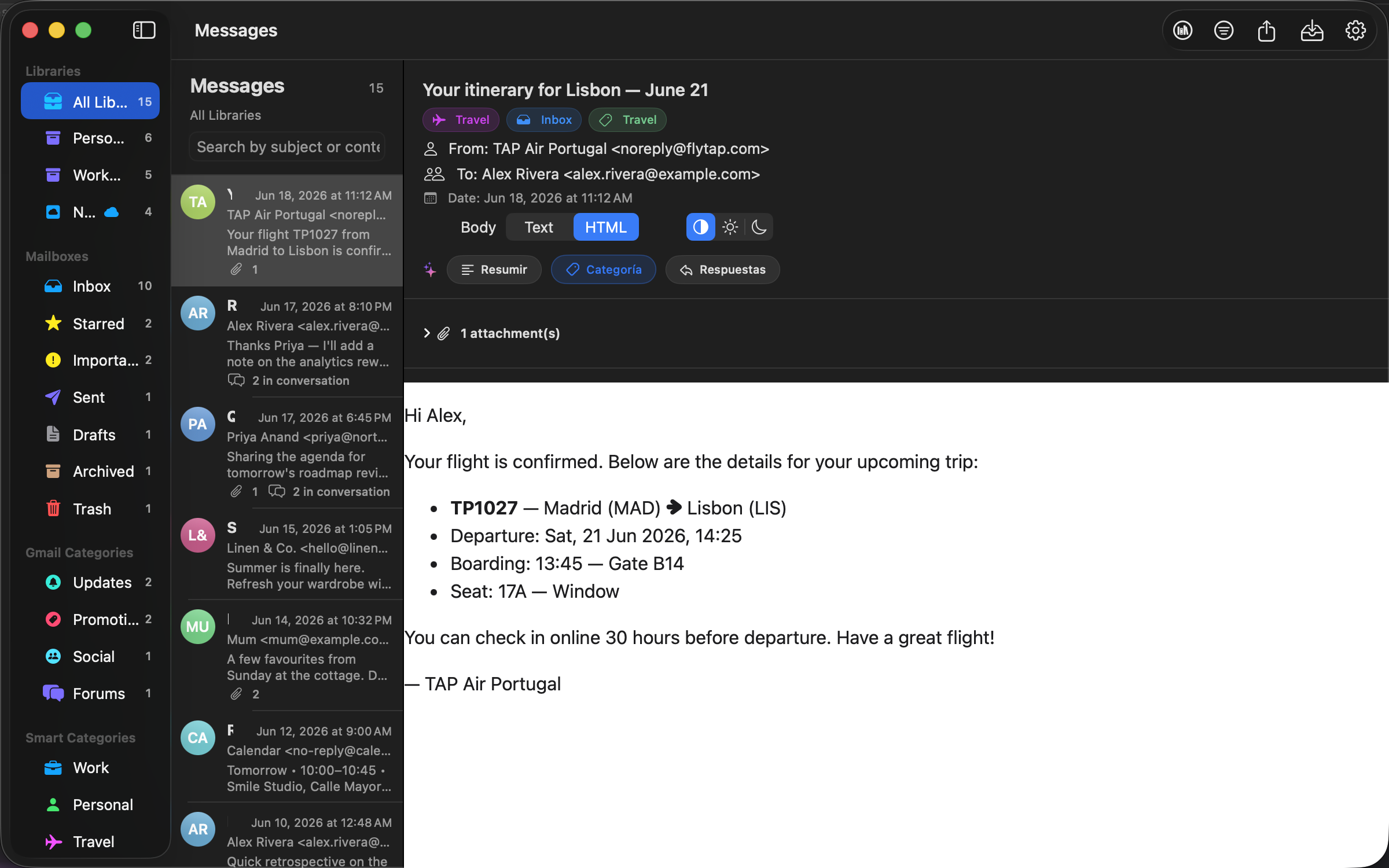 Mailbox Client showing the unified inbox with a flight itinerary opened on the right.