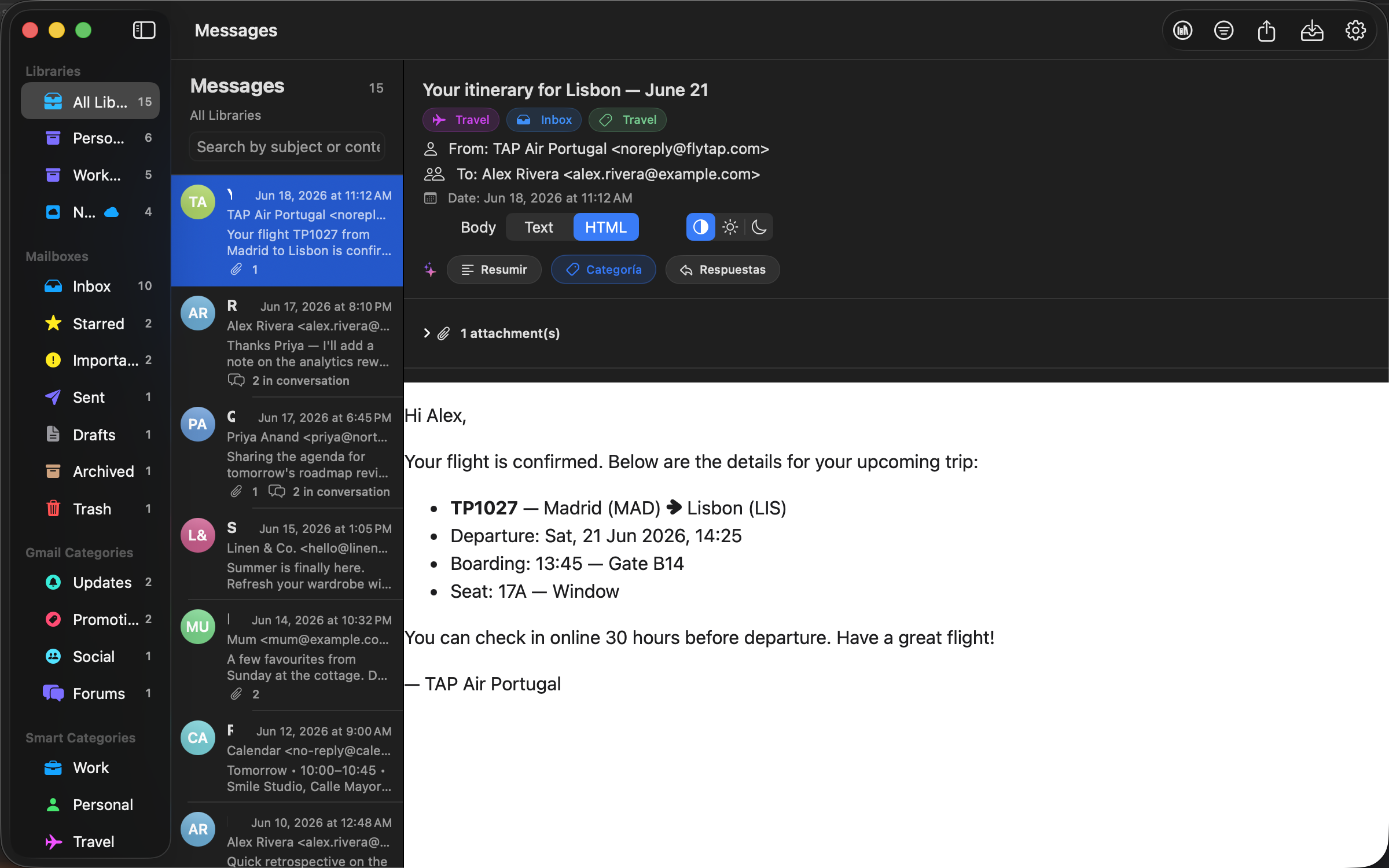 Reading a flight confirmation with HTML rendering and on-device AI actions.