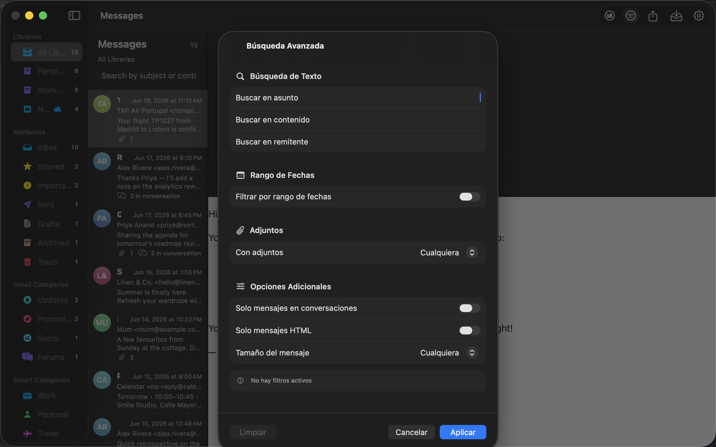 Advanced search panel with date range and attachment filters.