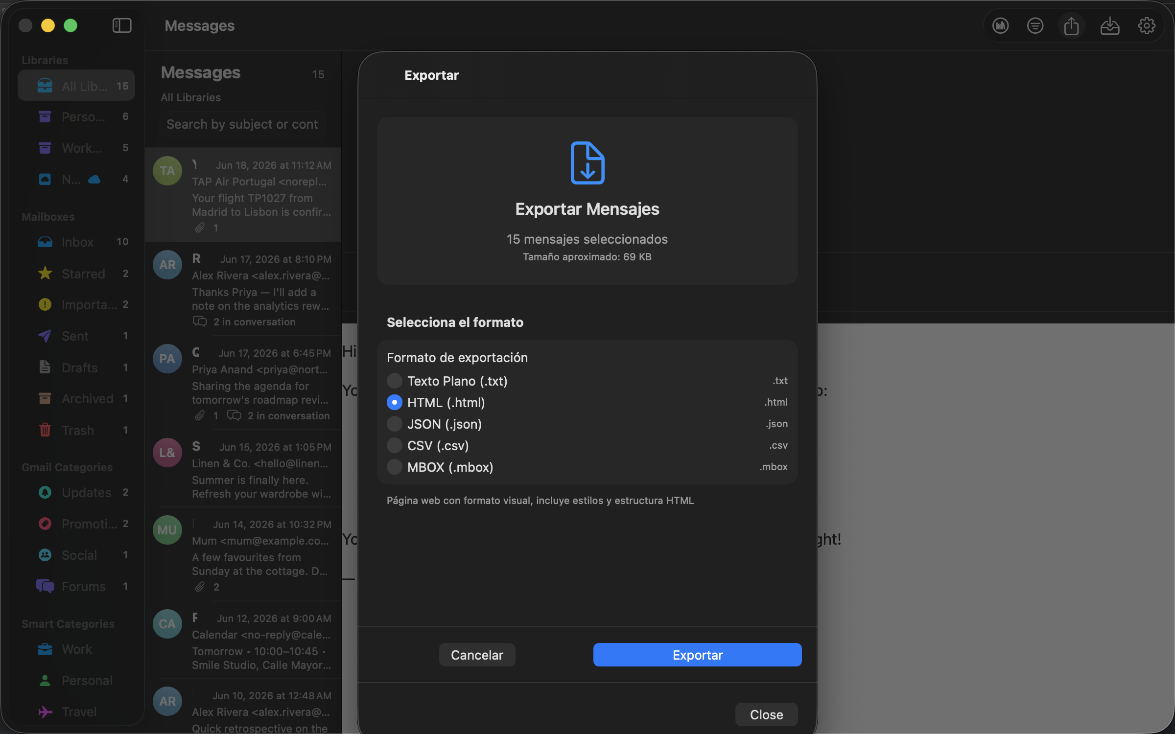Export sheet with MBOX, EML and JSON formats.